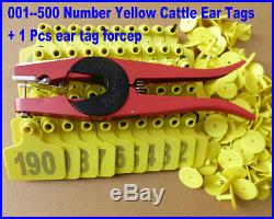 001-500 Number Yellow Cattle Ear Tags + ear tag forcep